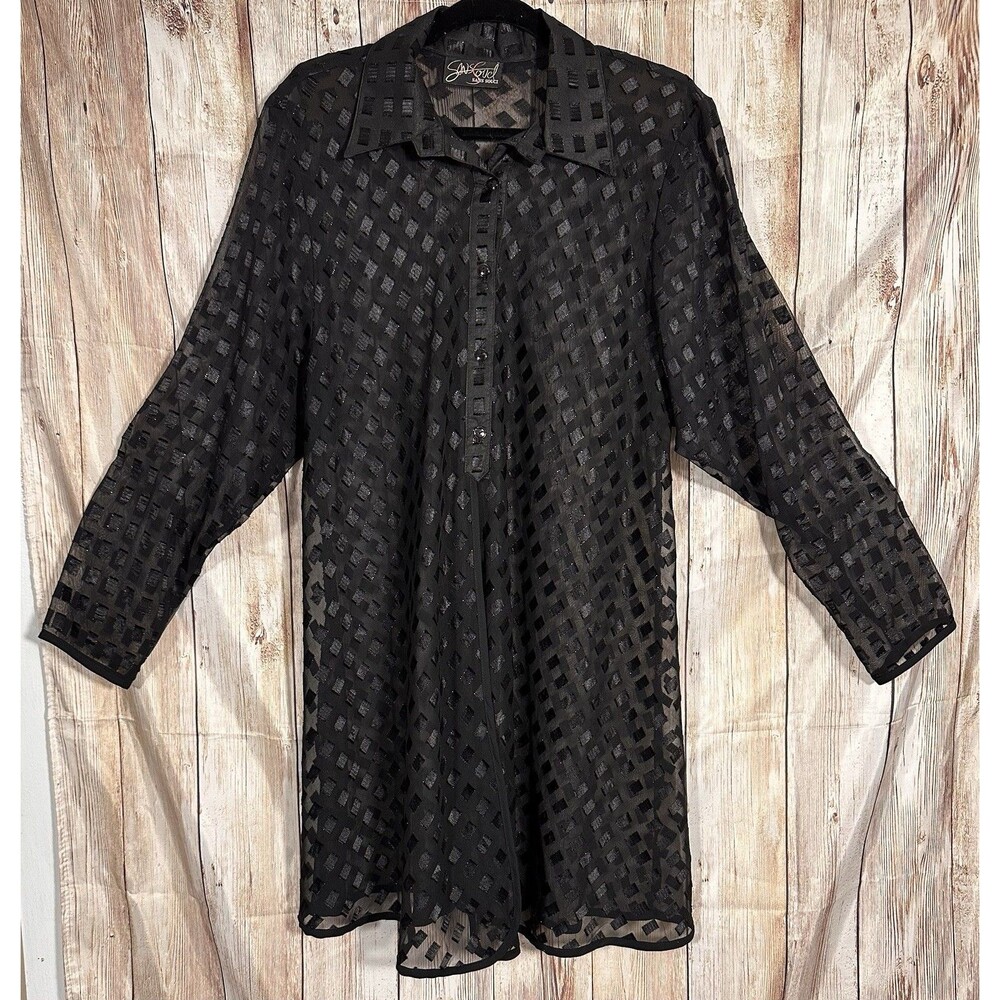 VTG 80s Sans Souci Sheer Black Burnout Tunic Top OS Goth Boho Lagenlook